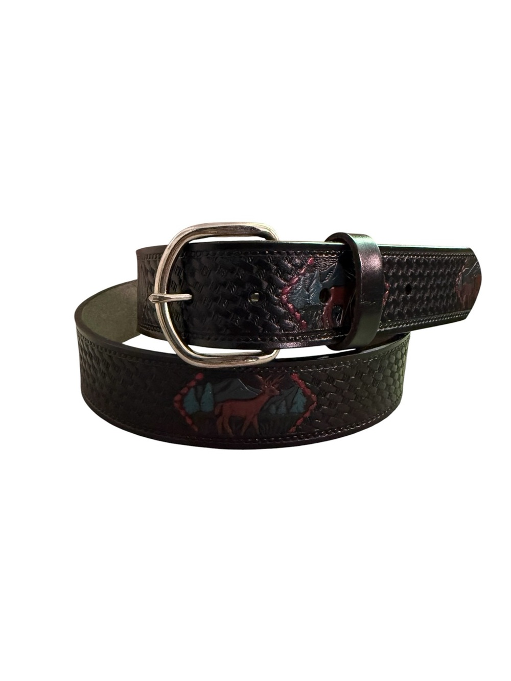 Vintage Tooled Black Western Belt Men Women Sz 40 Removable Buckle Deer Wildlife
